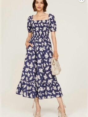 Polo Ralph Lauren Women Floral Smocked Cotton Midi Dress Blue Size Medium